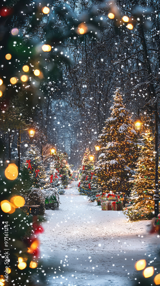 A snowy Christmas scene with decorated trees and glowing lights creates magical atmosphere A snowy Christmas scene with decorated trees and glowing lights creates magical atmosphere