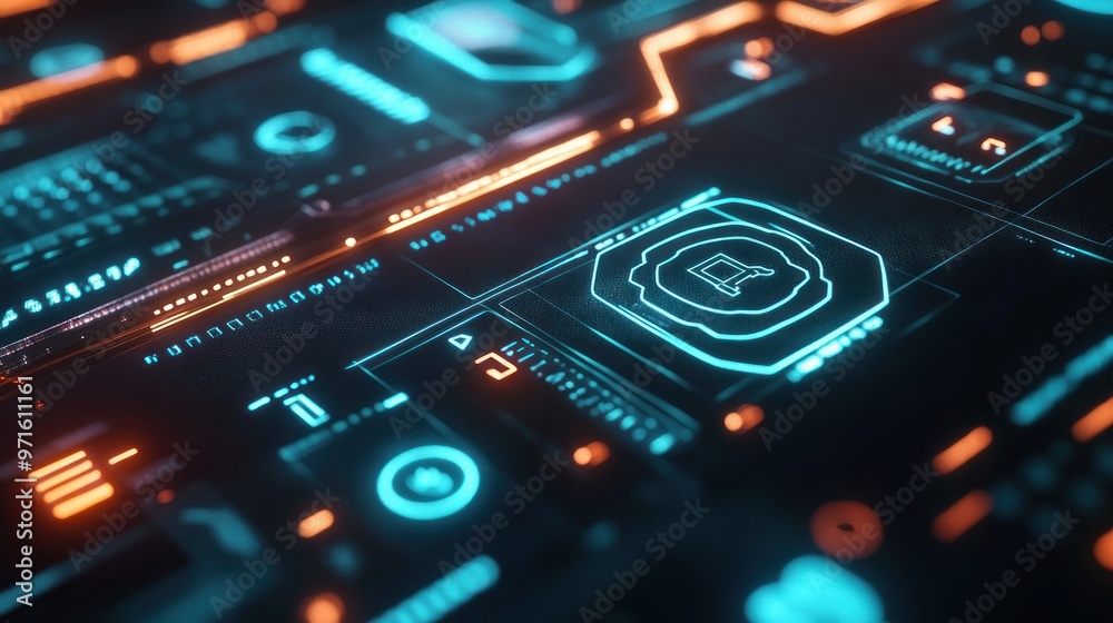 A futuristic digital interface with glowing elements and data displays. A futuristic digital interface with glowing elements and data displays.