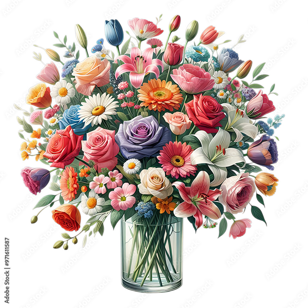 Obraz premium A colorful bouquet consisting of roses, lilies, gerberas, daisies, and other flowers in a transparent glass vase. AI Generated