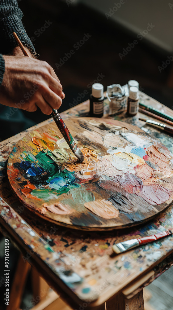 Fototapeta premium A painter mixing oil paints on wooden palette, showcasing vibrant colors and creativity