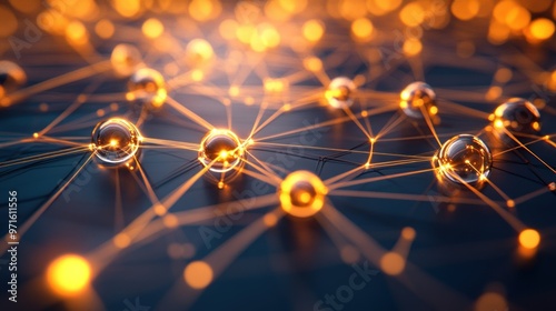 A close-up view of interconnected spheres with glowing lines, symbolizing networks and connectivity.