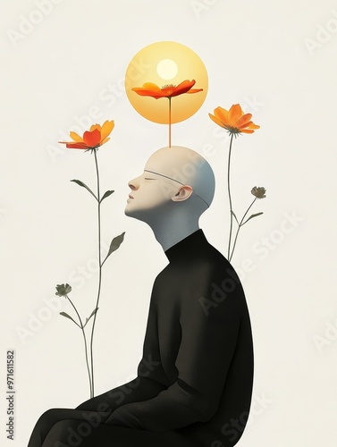 A serene portrait of a person sitting with their eyes closed, embodying self-reflection and mindfulness. A delicate flower blooms atop their head, symbolizing growth and enlightenment, while the surro photo