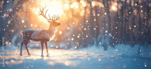 Enchanted Christmas Scene with Reindeer and Santa's Sleigh in Snowy Dusk - Cinematic Holiday Editorial Photography photo