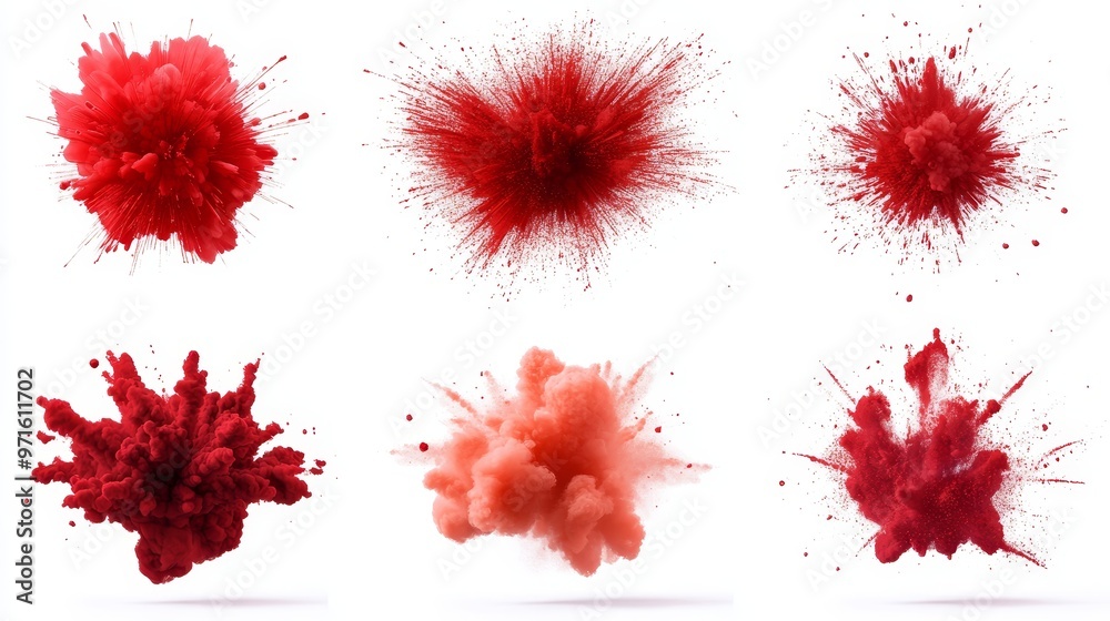 A set of six isolated images depicting red and orange explosions against a white background, symbolizing energy, power, chaos, impact, and release. A set of six isolated images depicting red and orange explosions against a white background, symbolizing energy, power, chaos, impact, and release.