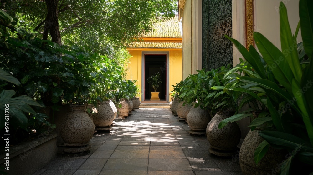 A serene walkway leading to the Wat Pho library, showcasing an elegant yellow building adorned with traditional Thai architecture. Lush greenery and decorative pots create a tranquil ambiance, symboli A serene walkway leading to the Wat Pho library, showcasing an elegant yellow building adorned with traditional Thai architecture. Lush greenery and decorative pots create a tranquil ambiance, symboli