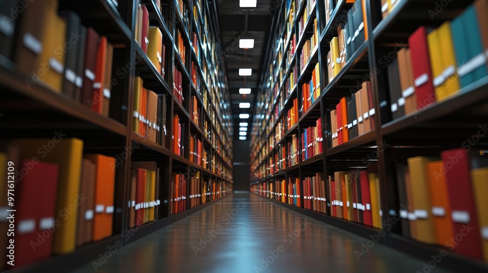 A long aisle lined with bookshelves in a library or bookstore. A long aisle lined with bookshelves in a library or bookstore.