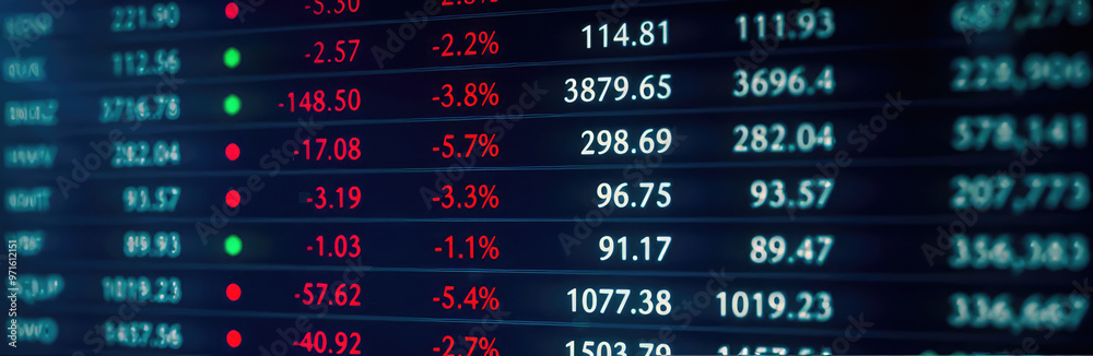Screen display of prices in stock market. Concept of stockmarket, trading, exchanging, economy, economic crisis, information, data business finance. Copy space for text Screen display of prices in stock market. Concept of stockmarket, trading, exchanging, economy, economic crisis, information, data business finance. Copy space for text