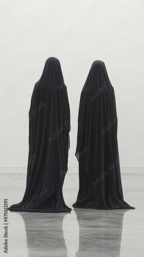 Two figures standing in black fabric cloaks in art gallery Two figures standing in black fabric cloaks in art gallery