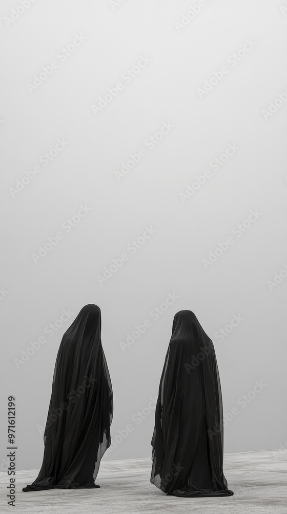 Two mysterious figures wearing black cloaks standing in foggy landscape Two mysterious figures wearing black cloaks standing in foggy landscape