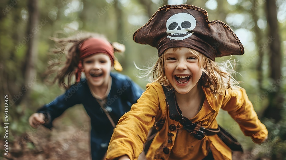 Fototapeta premium Children in pirate costume playing outdoors. Funny boy pretends to be captain of ship. Happy childhood with adventure games. Talk like a pirate day
