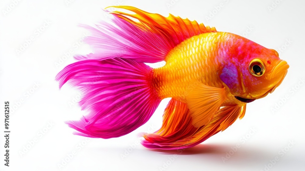 Fototapeta premium A single, colorful fish with vibrant pink and orange fins is isolated against a pristine white background. The fish's intricate scales and flowing fins create a sense of movement and elegance. The bri