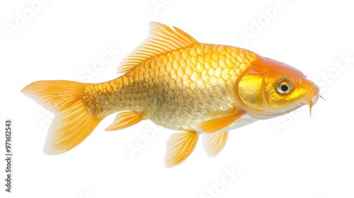 A single golden carp fish with scales and fins isolated on a white background. It symbolizes luck, prosperity, and beauty in Chinese and Japanese cultures. photo