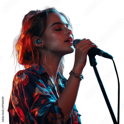 Young woman singing into a microphone, wearing headphones and a casual outfit
