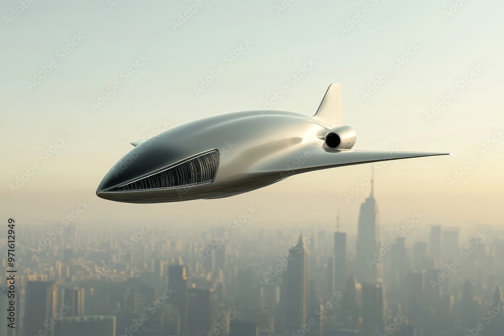 Obraz premium A sleek, silver futuristic private jet glides effortlessly above a sprawling cityscape, showcasing the potential of advanced aircraft design. This image symbolizes luxury, innovation, speed, and progr