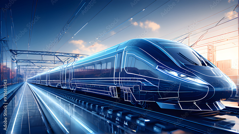 High Speed Train on railway City Transportation Subway Metro Vehicle Logistic Infrastructure Blueprint Wireframe Aesthetic illustration Sunset backdrop High Speed Train on railway City Transportation Subway Metro Vehicle Logistic Infrastructure Blueprint Wireframe Aesthetic illustration Sunset backdrop