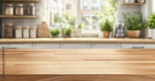 Empty Wooden Tabletop Counter in Bright Kitchen Interior with Free Space and Smooth Table Texture for Meetings