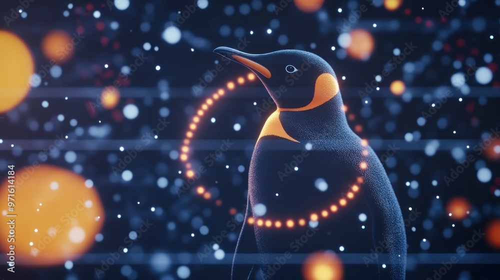 A stylized penguin surrounded by glowing dots and a cosmic background. A stylized penguin surrounded by glowing dots and a cosmic background.