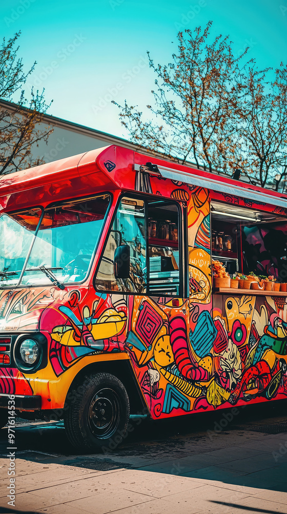 Obraz premium A vibrant retro food truck with bold graphics parked under clear skies
