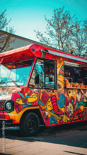A vibrant retro food truck with bold graphics parked under clear skies