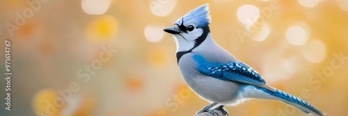 A vibrant blue jay with a striking blue crest perches on a branch, its sharp gaze fixed on the viewer. The bird's plumage is beautifully detailed, set against a soft, out-of-focus background of warm,  photo