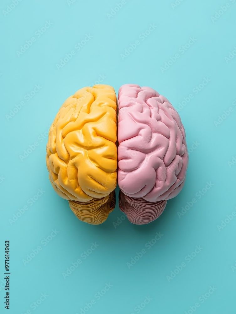 A vibrant, colorful model of the human brain, split into two halves, symbolizing the left and right hemispheres, logic and creativity, reason and emotion, science and art, and the interconnectedness o A vibrant, colorful model of the human brain, split into two halves, symbolizing the left and right hemispheres, logic and creativity, reason and emotion, science and art, and the interconnectedness o