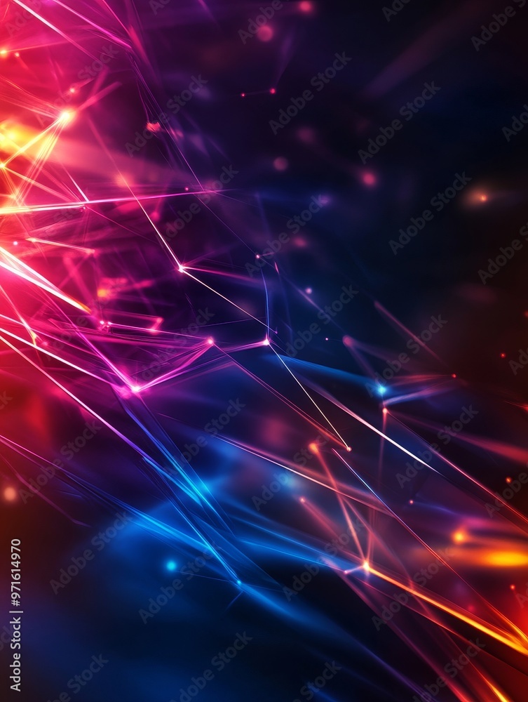 Obraz premium A vibrant digital artwork featuring abstract geometric shapes with glowing lines in shades of red, pink, blue, and orange. The image symbolizes innovation, technology, energy, and connectivity.