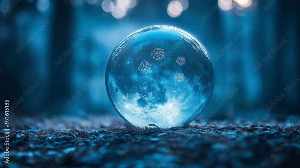 A large, translucent orb reflecting the moon in a serene forest setting during twilight, surrounded by ethereal light and shadows A large, translucent orb reflecting the moon in a serene forest setting during twilight, surrounded by ethereal light and shadows