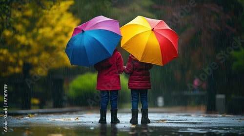 Two children holding hands under colorful umbrellas in a rainy park.