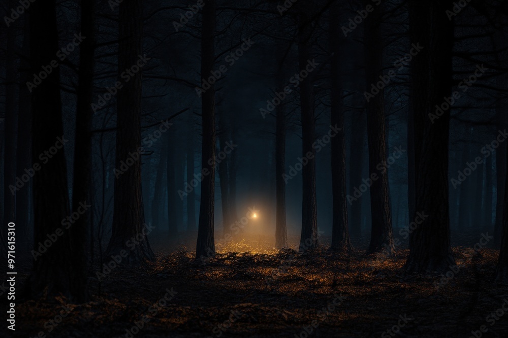 Fototapeta premium A dark forest at night, with trees casting eerie shadows and fog rolling in from the horizon A faint light is seen between two tree trunks on one side of the frame Generative AI