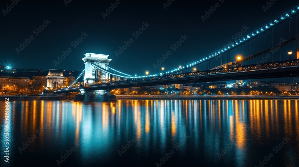 Fototapeta premium Night view of a bridge illuminated with lights reflecting on the water.