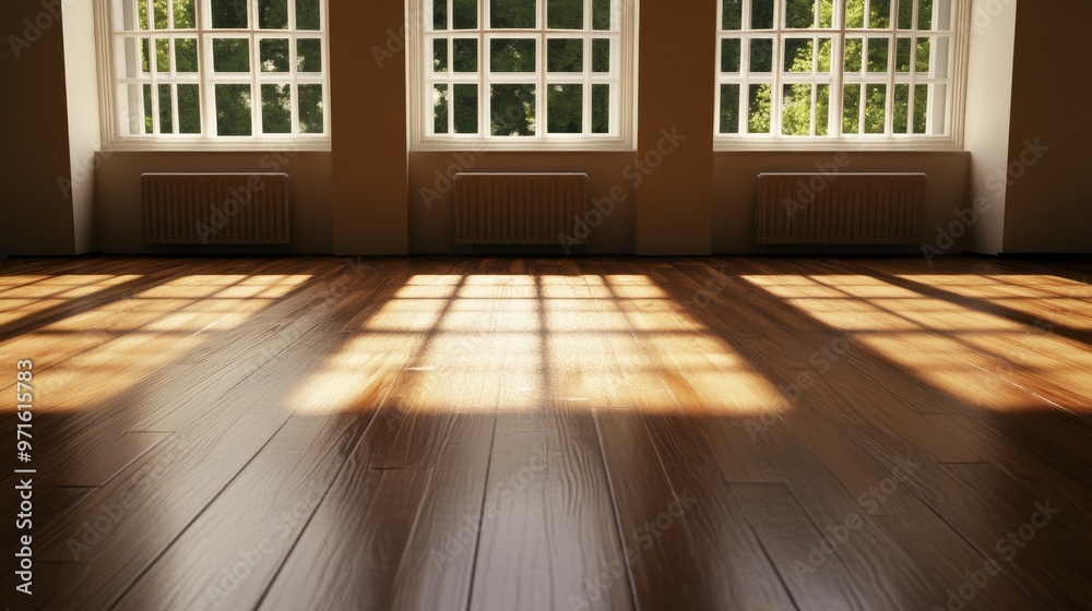 A wide shot of a modern empty room with large windows, showcasing a gleaming hardwood floor bathed in warm sunlight streaming through the windows. The clean lines and minimalist design create a sense 