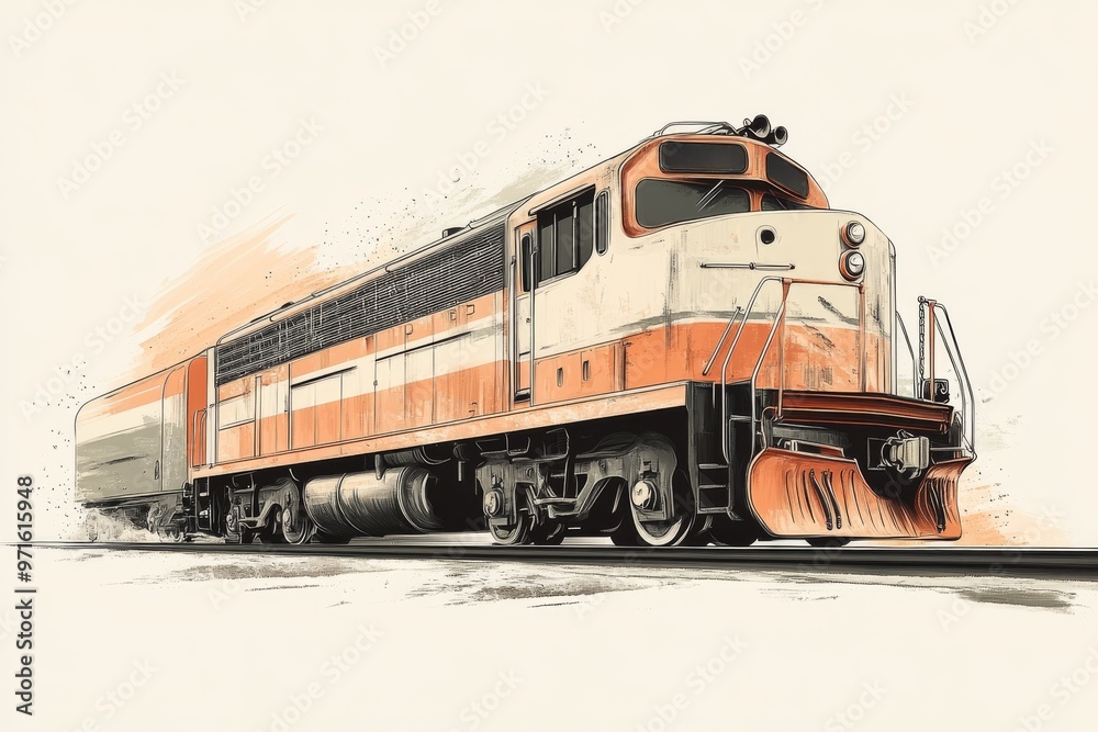 Fototapeta premium Vintage Orange and White Passenger Train Traveling Along Railway Tracks in a Scenic Landscape