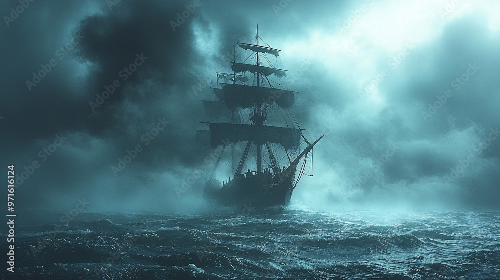 A ghost ship sailing through foggy waters under a stormy Halloween night sky. A ghost ship sailing through foggy waters under a stormy Halloween night sky.