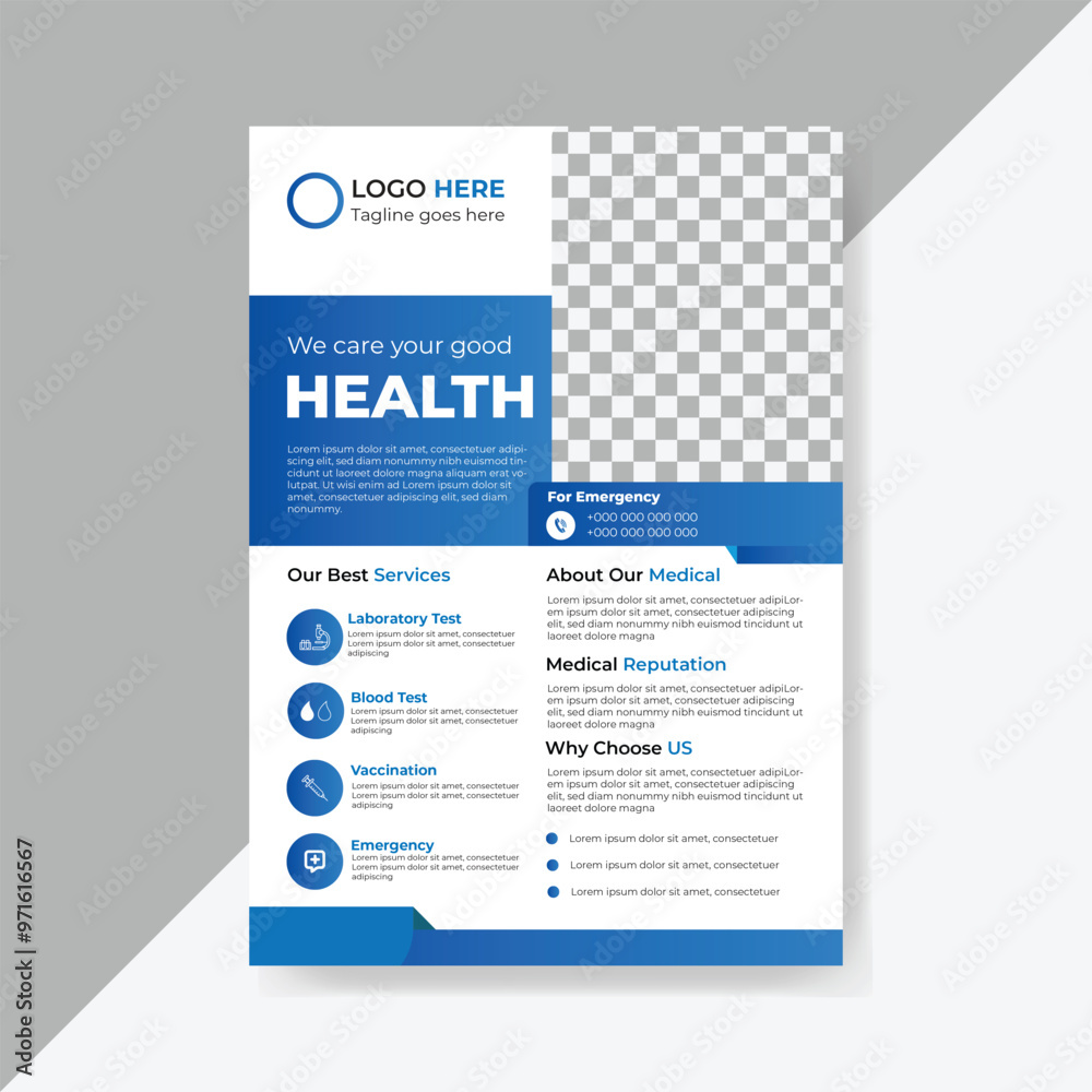 Modern medical A4 size flyer design with blue, black and white color or creative brochure template design for marketing Modern medical A4 size flyer design with blue, black and white color or creative brochure template design for marketing