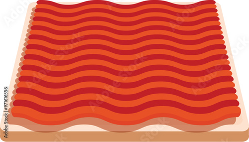 Tasty square slice of bread covered with wavy salmon fillet isolated on white background