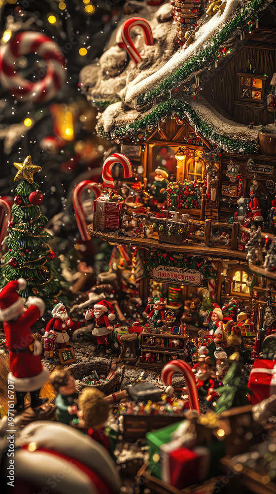 A festive Santas workshop scene filled with toys, candy canes, and cheerful elves A festive Santas workshop scene filled with toys, candy canes, and cheerful elves