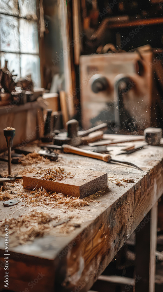 Sawdust covered workbench with tools and half finished wooden piece, creating rustic atmosphere Sawdust covered workbench with tools and half finished wooden piece, creating rustic atmosphere