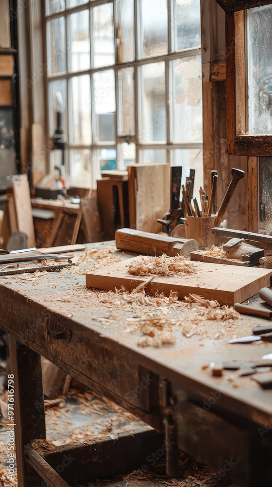Sawdust covered workbench with tools and wood shavings, creating cozy atmosphere Sawdust covered workbench with tools and wood shavings, creating cozy atmosphere