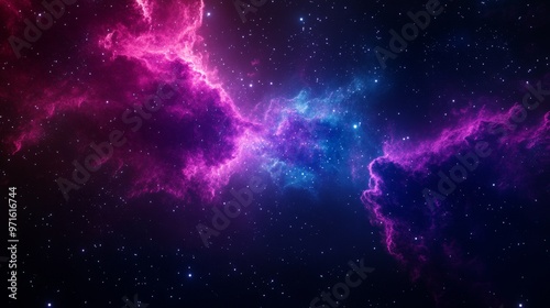 An abstract portrayal of space with a swirling nebula in hues of pink and blue, evoking concepts of cosmic energy, celestial beauty, the vastness of the universe, and the mysteries of the cosmos. photo