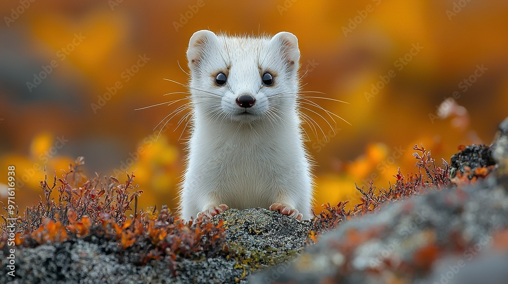 Small animal close-up on green grass field with orange-yellow leaf background Small animal close-up on green grass field with orange-yellow leaf background
