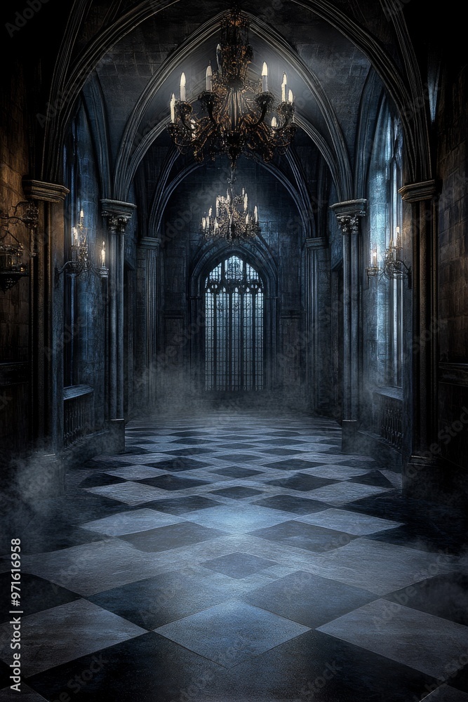 Dark and Mysterious Hallway With Chandeliers in an Ancient Castle at Twilight Dark and Mysterious Hallway With Chandeliers in an Ancient Castle at Twilight
