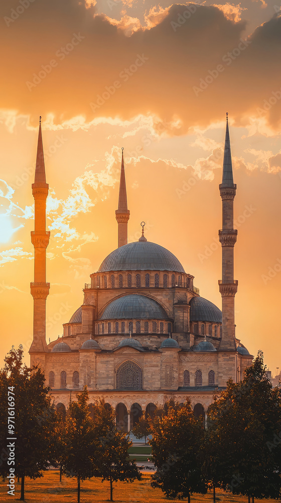 Fototapeta premium Selimiye Mosque in Edirne at sunset, showcasing stunning architecture and warm colors