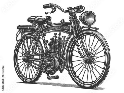 Steampunk vintage motorcycle bike, detailed design elements and classic styling sketch engraving generative ai vector illustration. Scratch board imitation. Black and white image.
