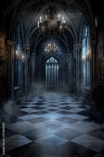 Dark and Mysterious Hallway With Chandeliers in an Ancient Castle at Twilight