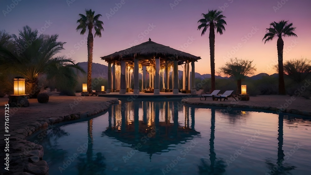 Obraz premium A peaceful oasis in the desert landscape with a pool reflecting the starry night sky. Palm trees line in the pool, and lanterns cast a warm glow on the surrounding area