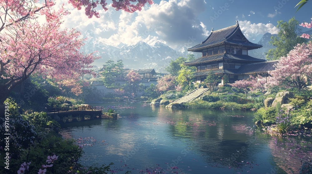 Fototapeta premium Tranquil Japanese Garden with Cherry Blossoms and Pagoda