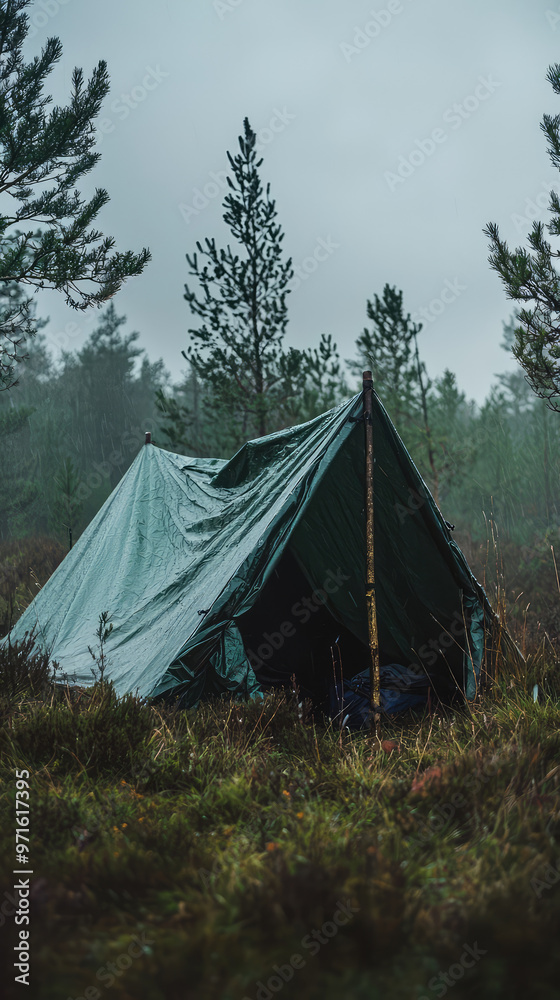 A simple emergency shelter made from tarps and poles in forest A simple emergency shelter made from tarps and poles in forest