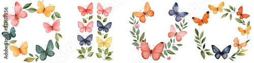 A vibrant floral wreath adorned with colorful butterflies, perfect for spring themes and nature-inspired designs. photo