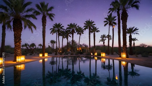 A peaceful oasis in the desert landscape with a pool reflecting the starry night sky. Palm trees line in the pool, and lanterns cast a warm glow on the surrounding area