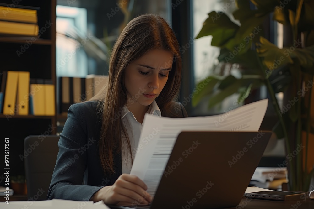 Busy serious young business woman manager working in office checking law document account invoice thinking in office. Businesswoman ceo executive or legal expert using laptop computer at work Busy serious young business woman manager working in office checking law document account invoice thinking in office. Businesswoman ceo executive or legal expert using laptop computer at work